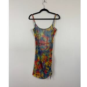 Melissa Simone Naomi Mesh Floral Abstract Tie Dye Sheer Ruched Mini Dress Medium